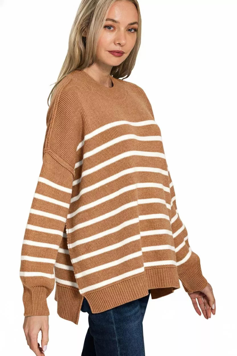 Zenana Deep Camel Exposed Seam Striped Oversized Sweater