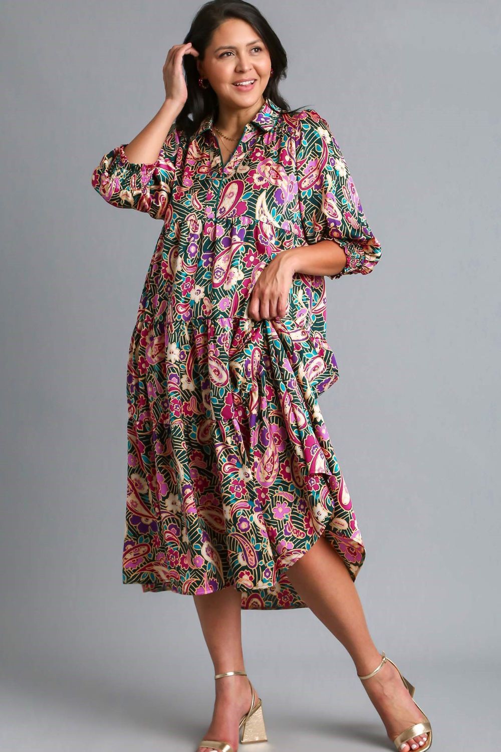 Umgee Paisley Print Satin Tiered Midi Dress