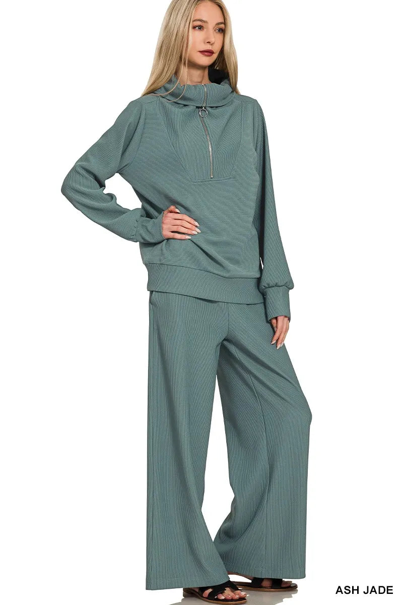 Zenana Ash Jade Ribbed High Neck Half Zip Pullover & Pants Set