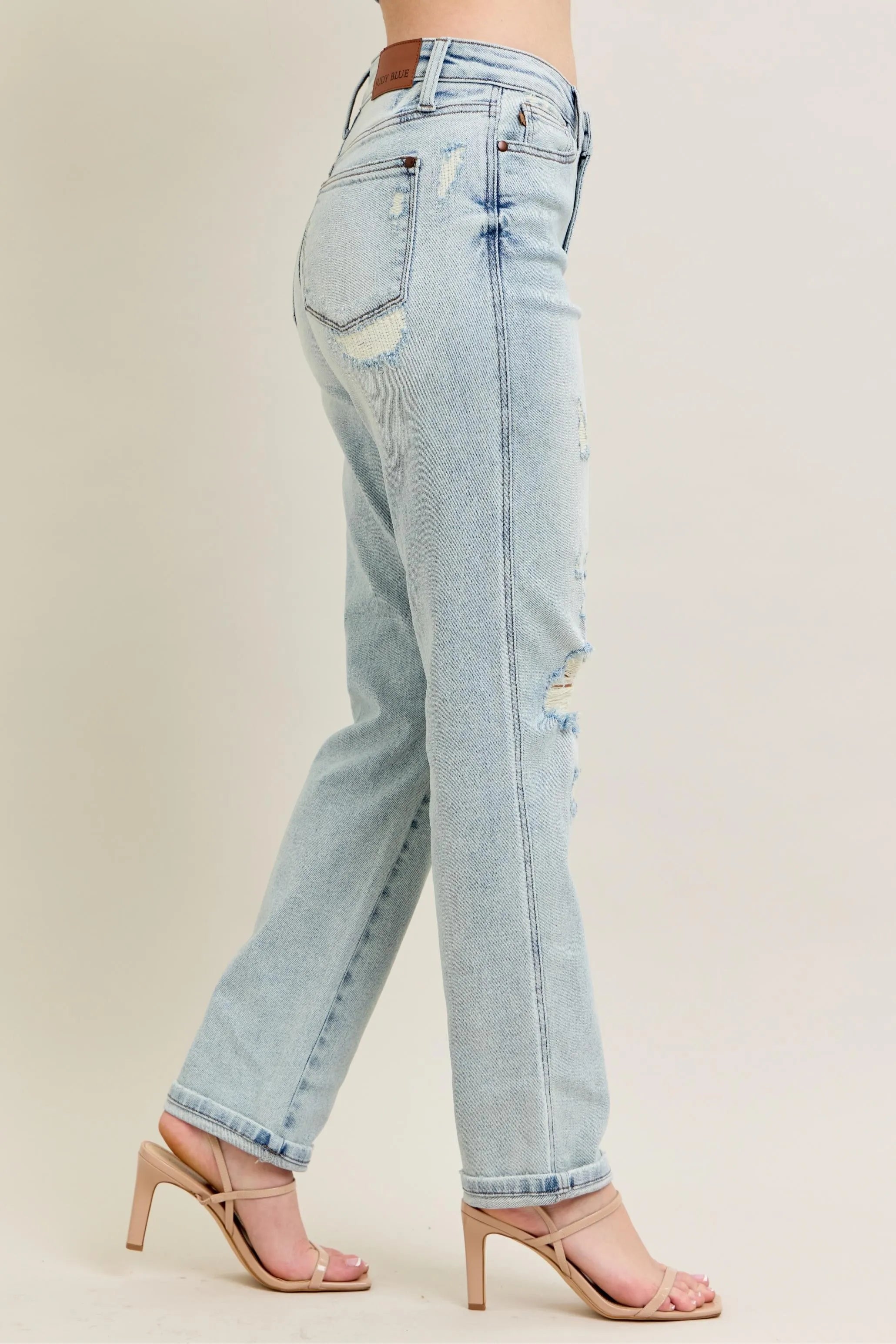 Judy Blue Midrise Repair Stitch Detail Destroy Single Cuff Boyfriend Jeans