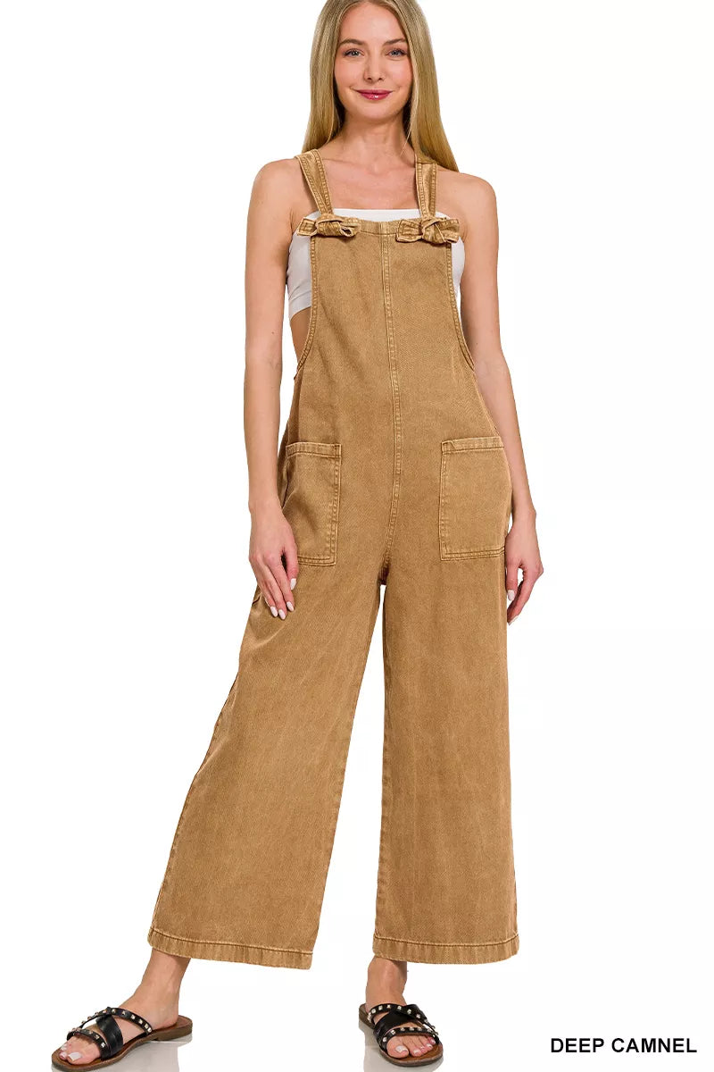 Zenana Deep Camel Washed Knot Strap Pockets Jumpsuit