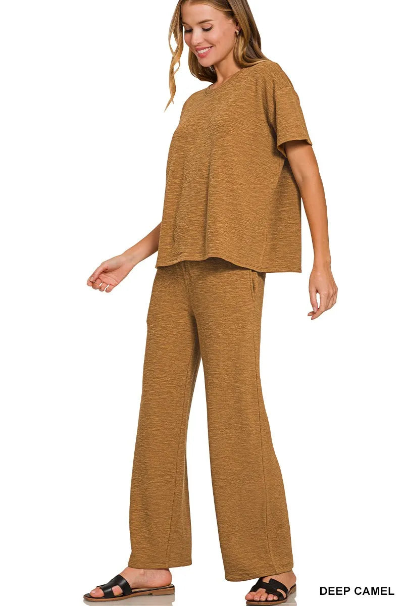 Zenana Deep Camel Slub Short Sleeve T-Shirt and Pants Set DEEP CAMEL