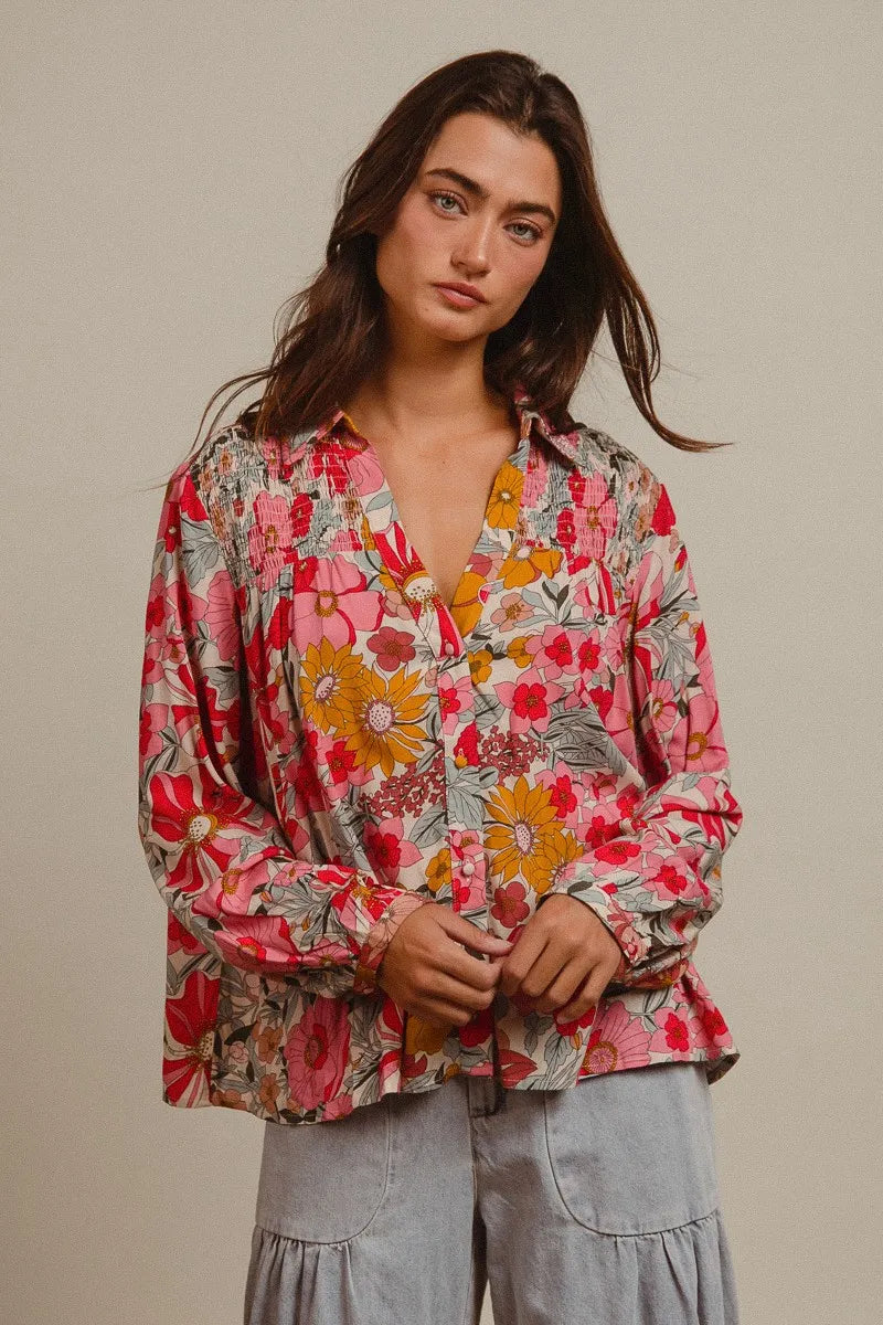 BiBi Woven Floral Printed Long Sleeve Blouse