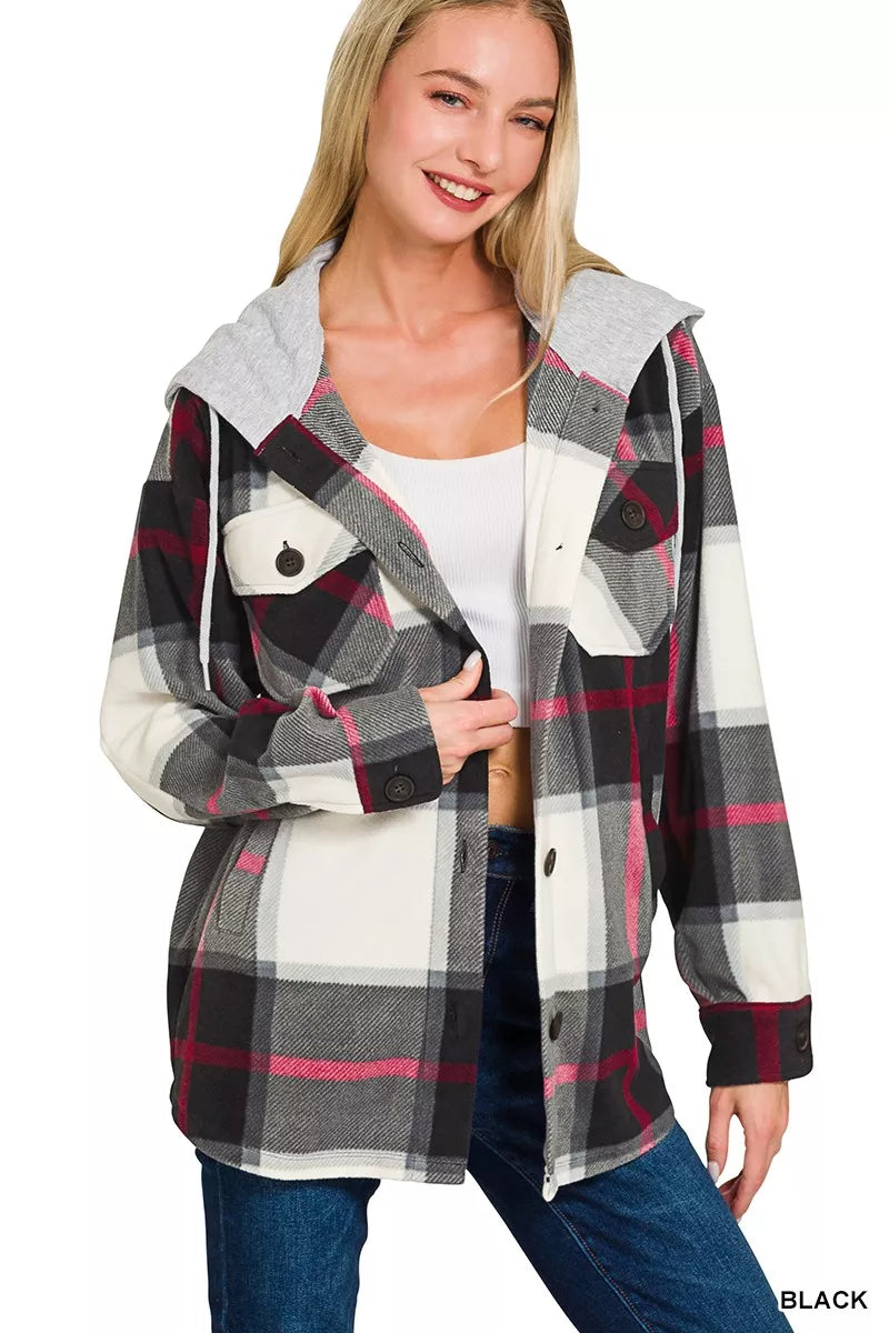 Zenana Black Plaid Drawstring Hooded Fleece Shacket