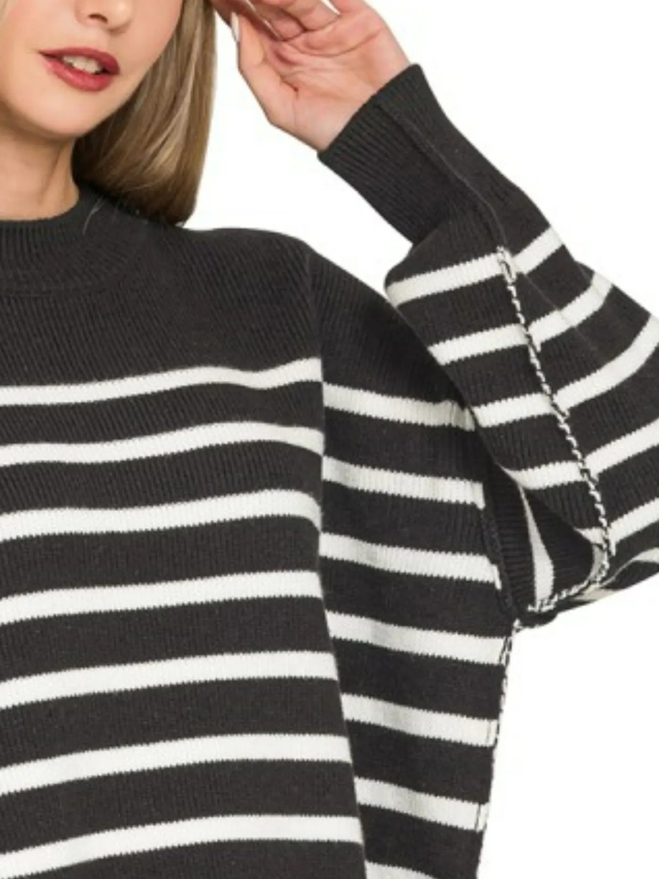 Zenana Black Exposed Seam Striped Oversized Sweater