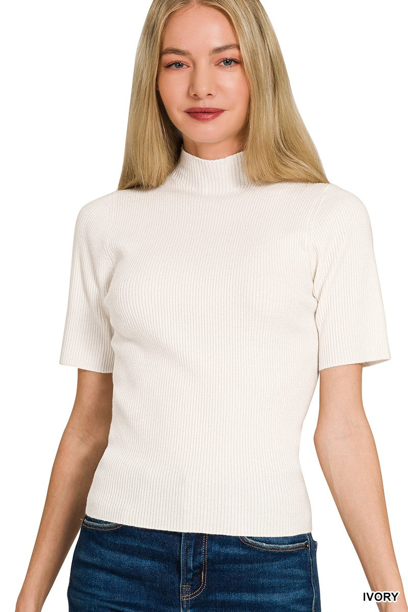 Zenana Ivory Viscose Ribbed Mock Neck Sweater IVORY