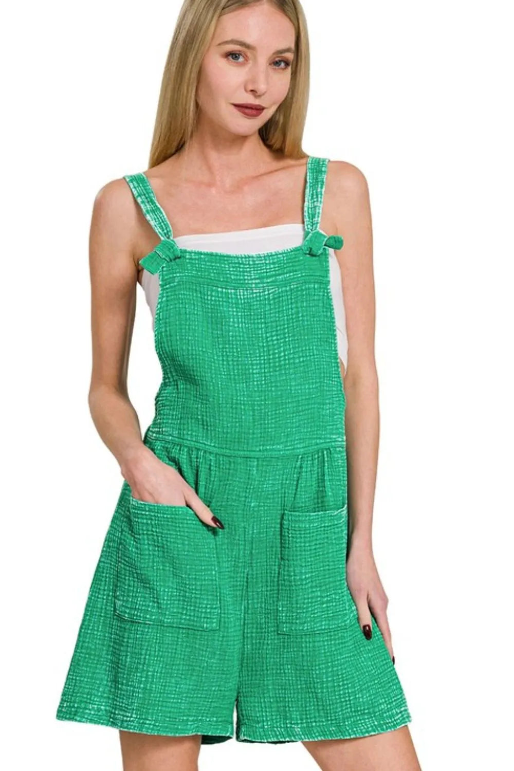 Zenana Kelly Green Woven Double Gauze Acid Washed Romper K GREEN