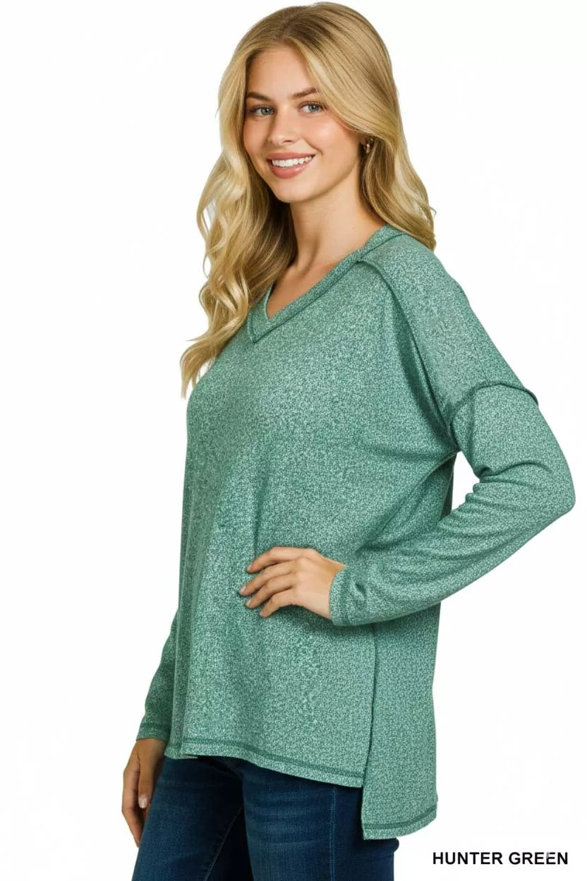 Zenana Hunter Green Soft Melange Hacci Exposed Seam Hi-low Tee
