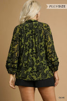 Umgee Olive Floral Velvet Burnout Blouse with Balloon Sleeves