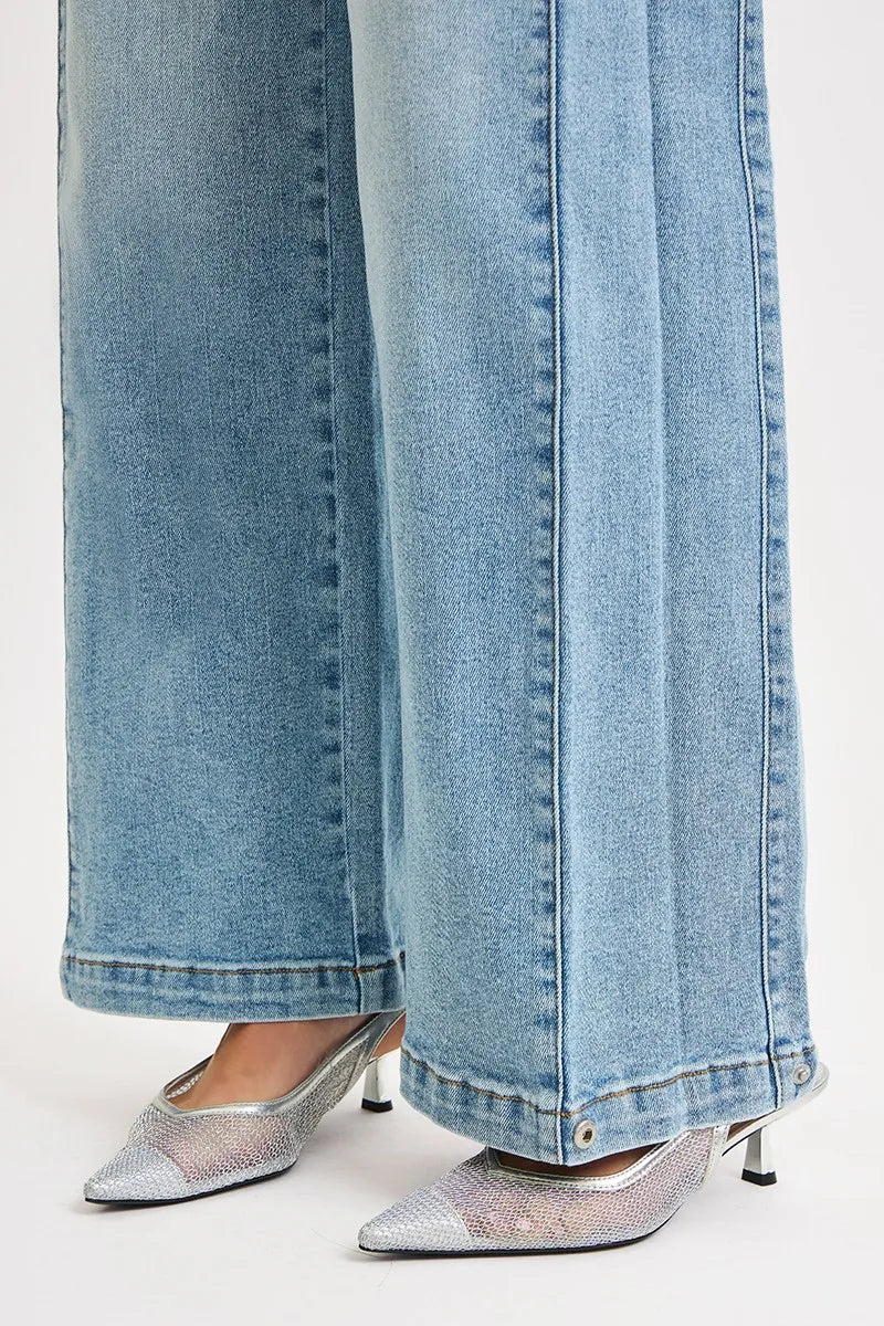RISEN Medium Washed Mid Rise Wide Barrel Transferable Leg Snap Jeans