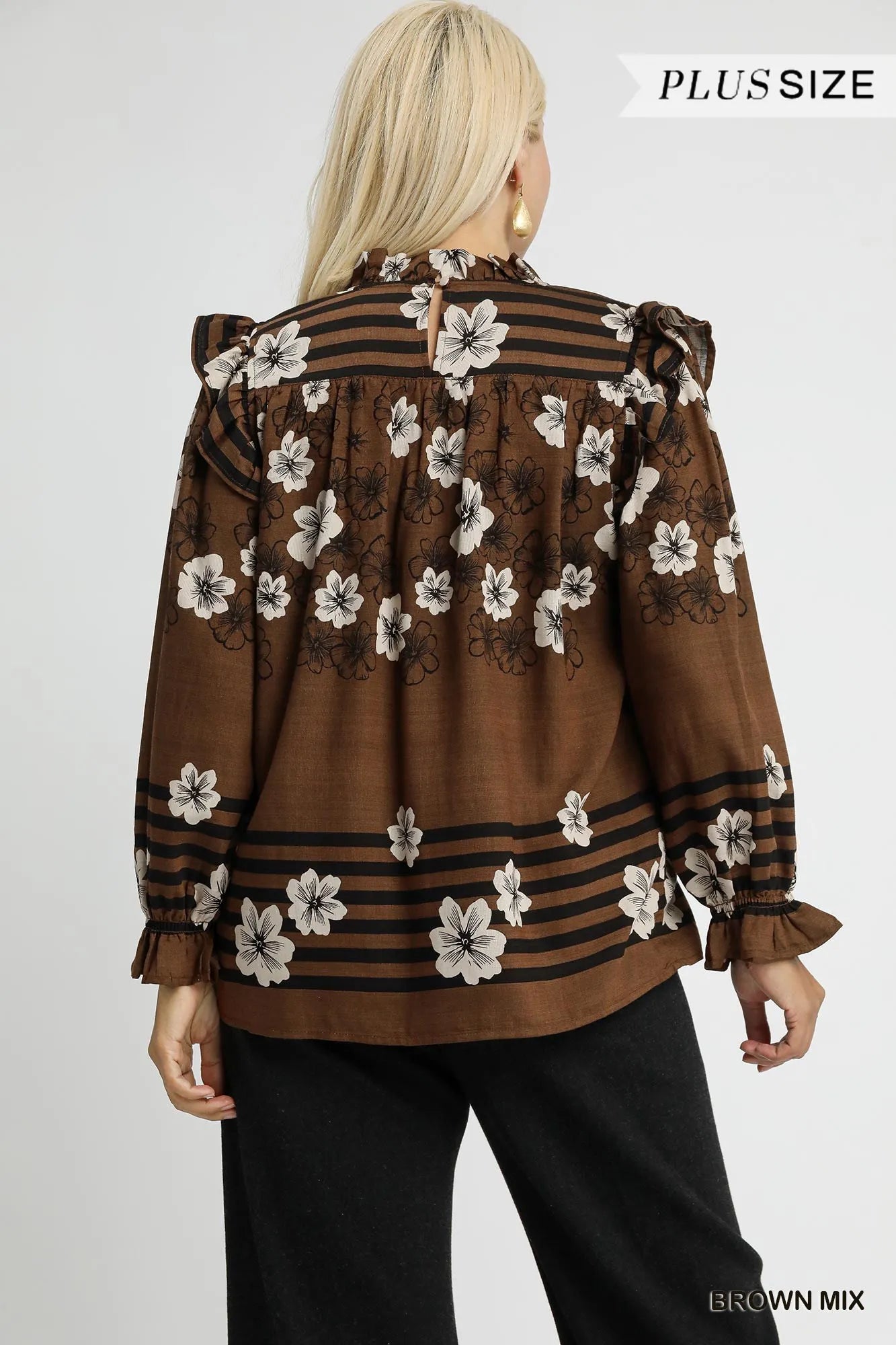 Umgee Brown Mix Floral Smocked Ruffle Blouse