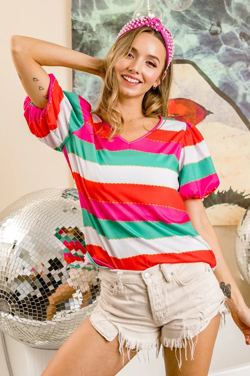 BiBi Multi Stripe Color Print Puff Sleeves V Neck Top RED FUCHSIA GREEN