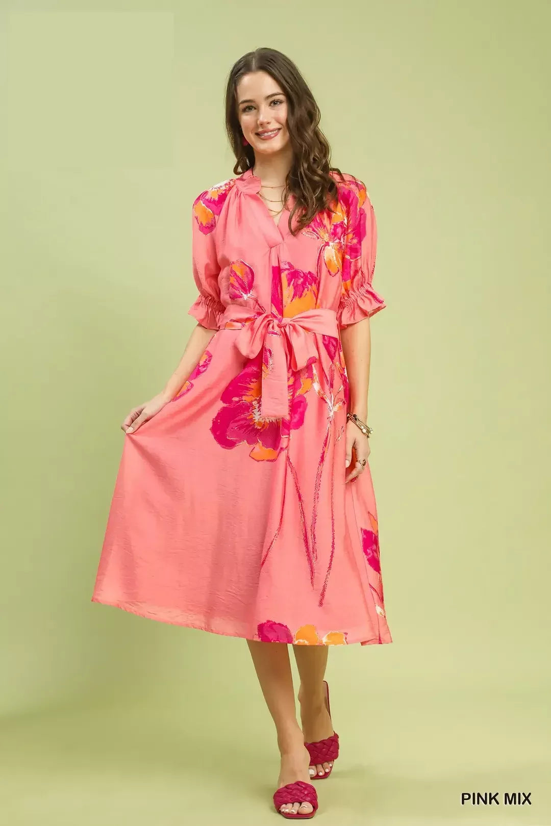 Umgee Pink Mix Floral Flounce Sleeve Midi Dress with Belted