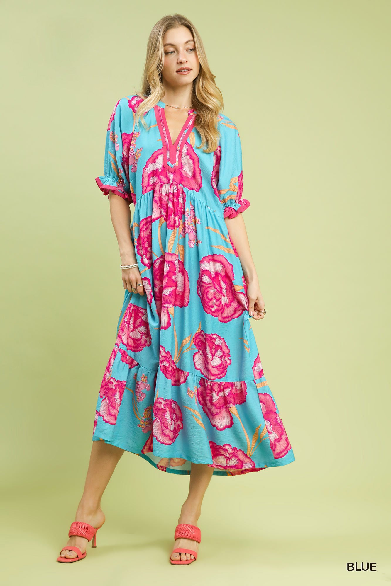 Umgee Blue Floral Print Midi Dress with Contrast Trim BLUE