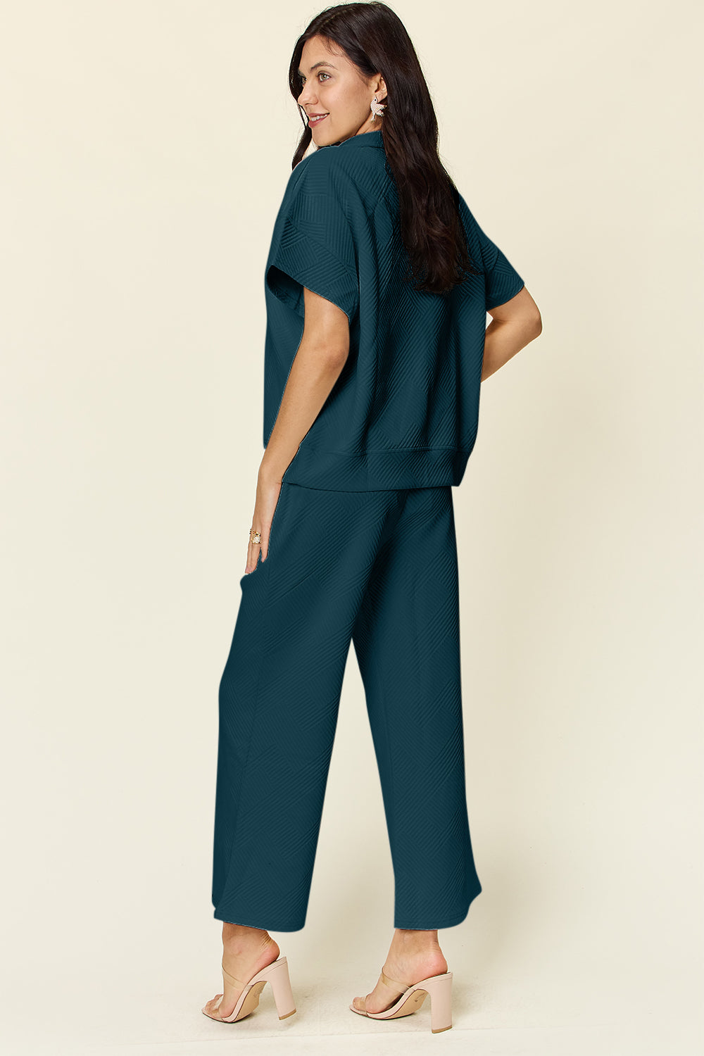 Double Take Quilted Textured Half Zip Short Sleeve Top and Pants Set Sets