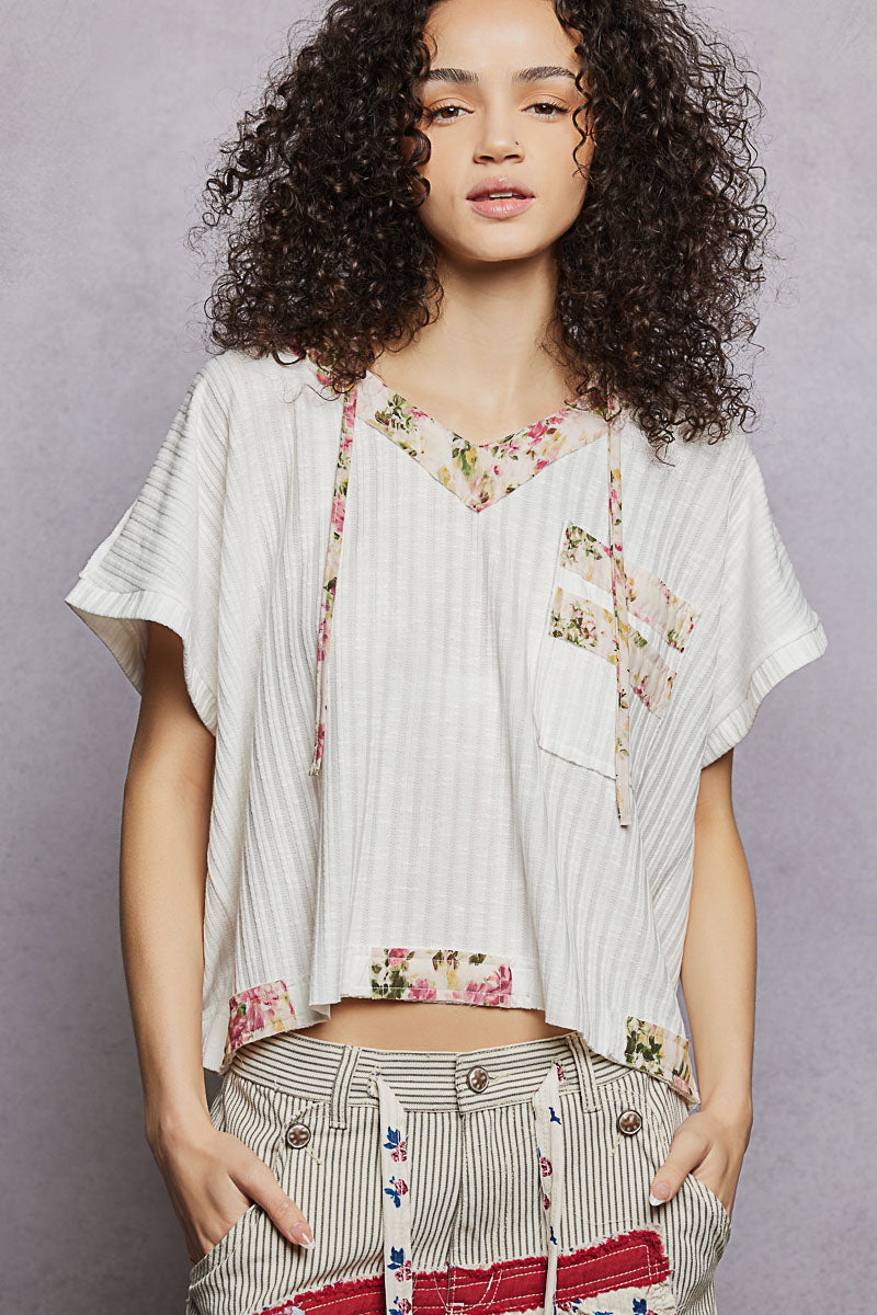 POL Off White Short Sleeve Hooded Top with Back-Open Detail