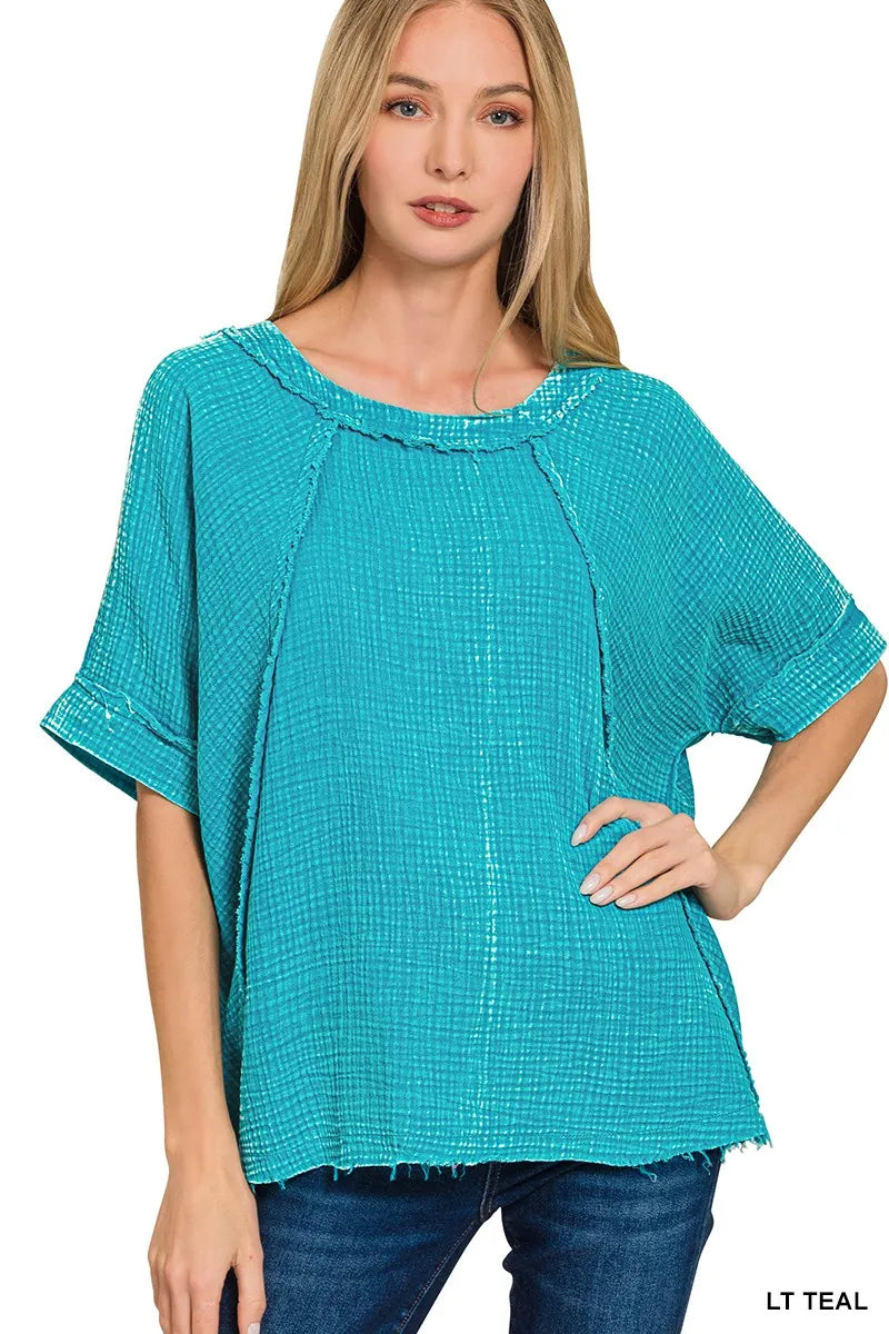 Zenana Light Teal Washed Double Gauze Exposed Seam Raglan Short Sleeve Top LT TEAL