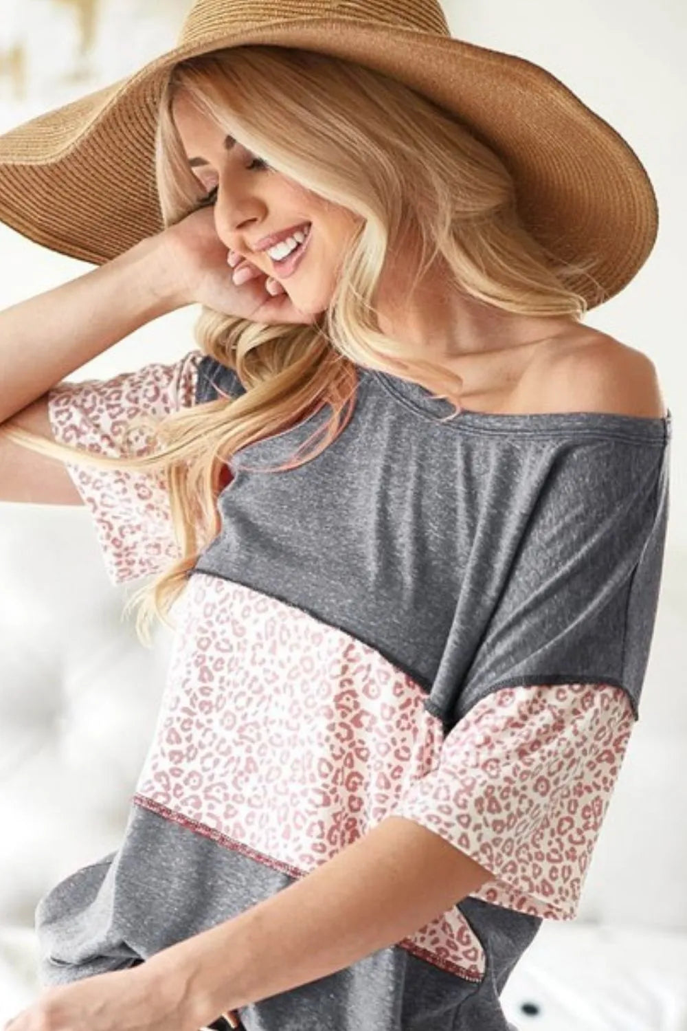 BiBi Charcoal Triblend Knit with Leopard Block Out Stitching