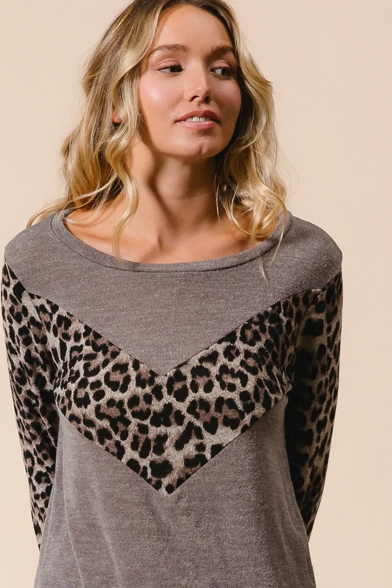 BiBi Mocha Sweater Knit Top With Leopard V Shape Block