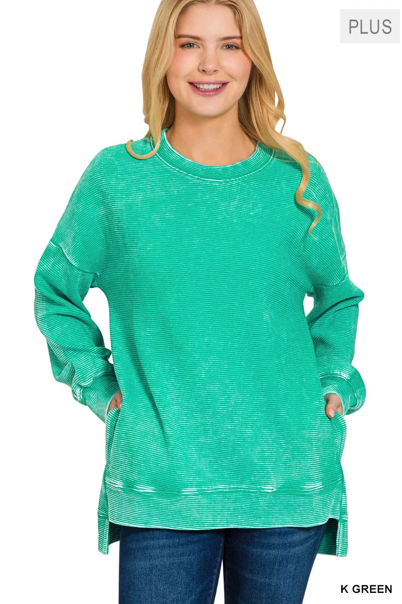Zenana Kelly Green Acid Washed Double Ribbed Hi-low Sweatshirt