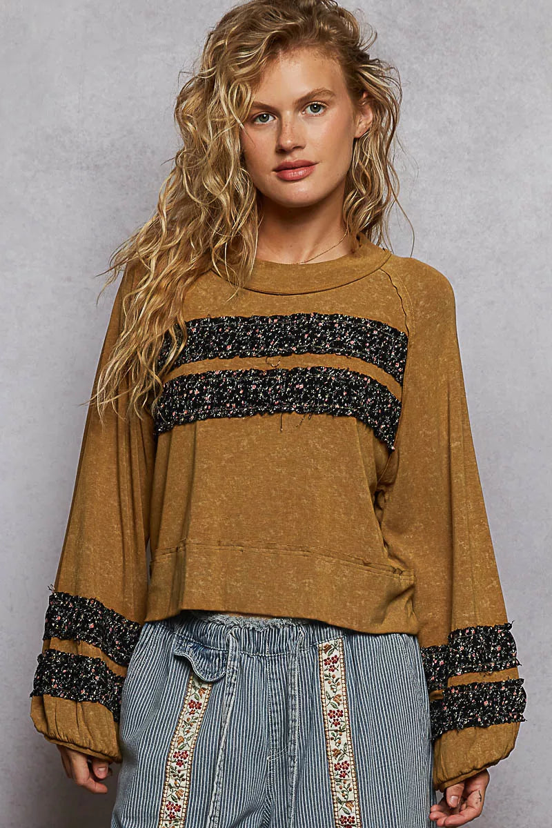 POL Print Patch Round Neck Balloon Sleeve Cropped Top RUSTED OCHRE