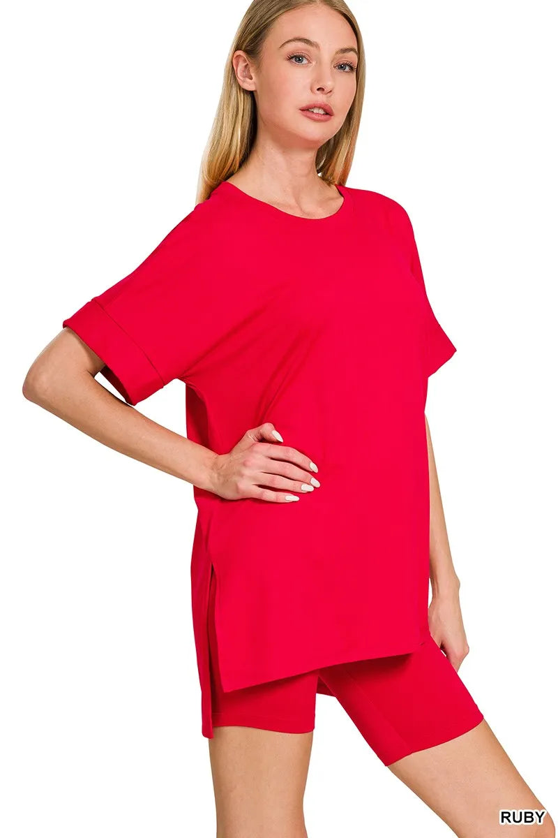 Zenana Ruby Brushed Dty Microfiber Round Neck Top and Biker Shorts Set