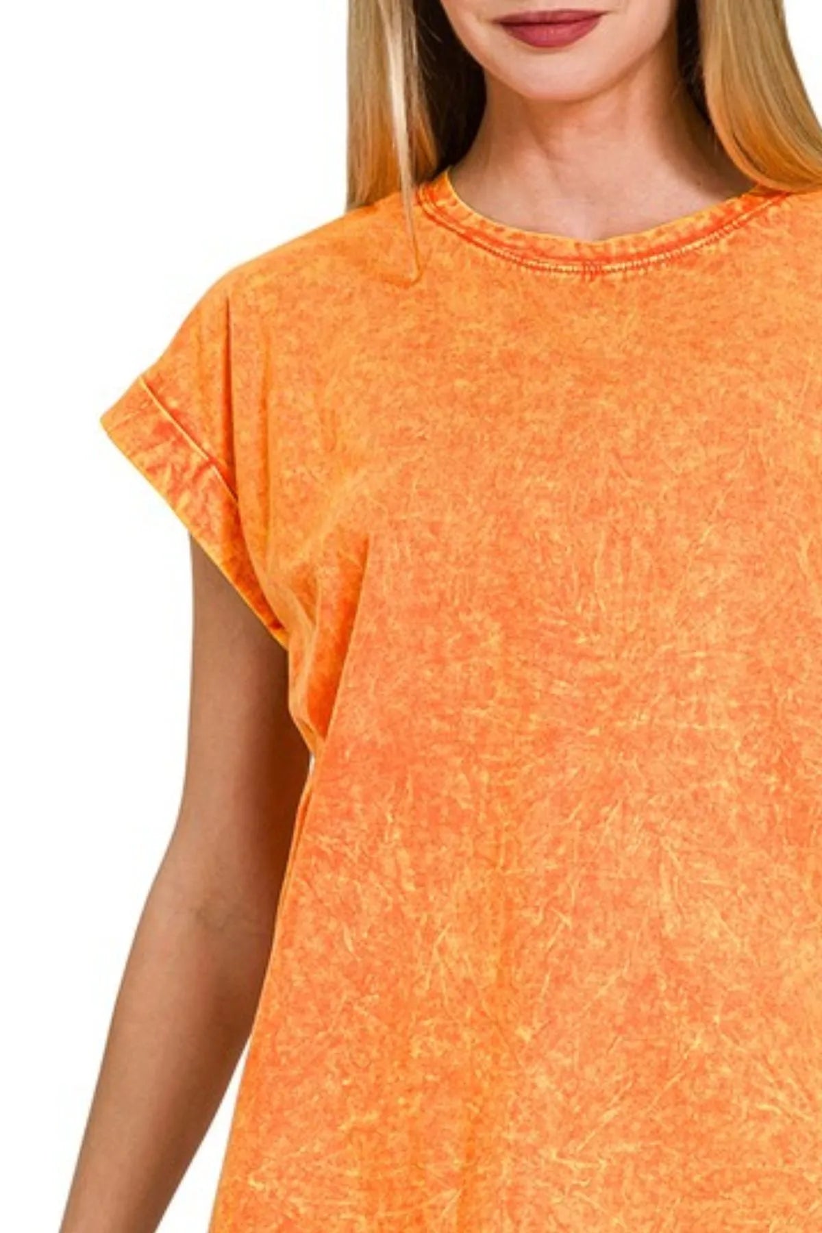 Zenana Orange Crinkle Washed Round Neck Folded Short Sleeve Tee