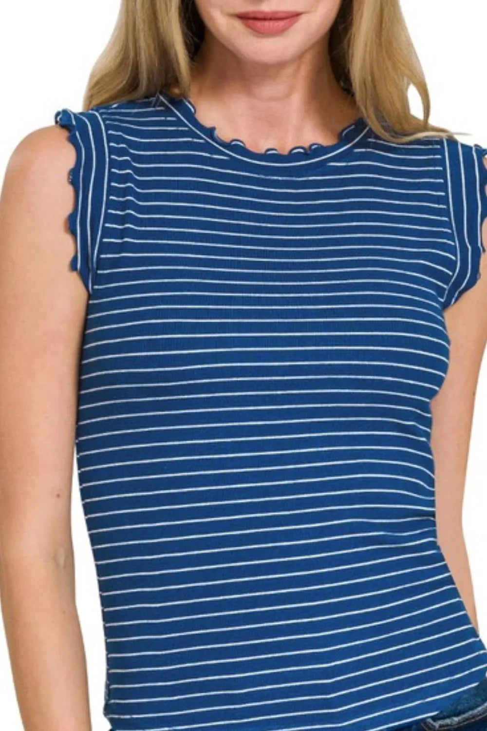 Zenana Blue & Ivory Ribbed Ruffle Trim Sleeveless Stripe Top