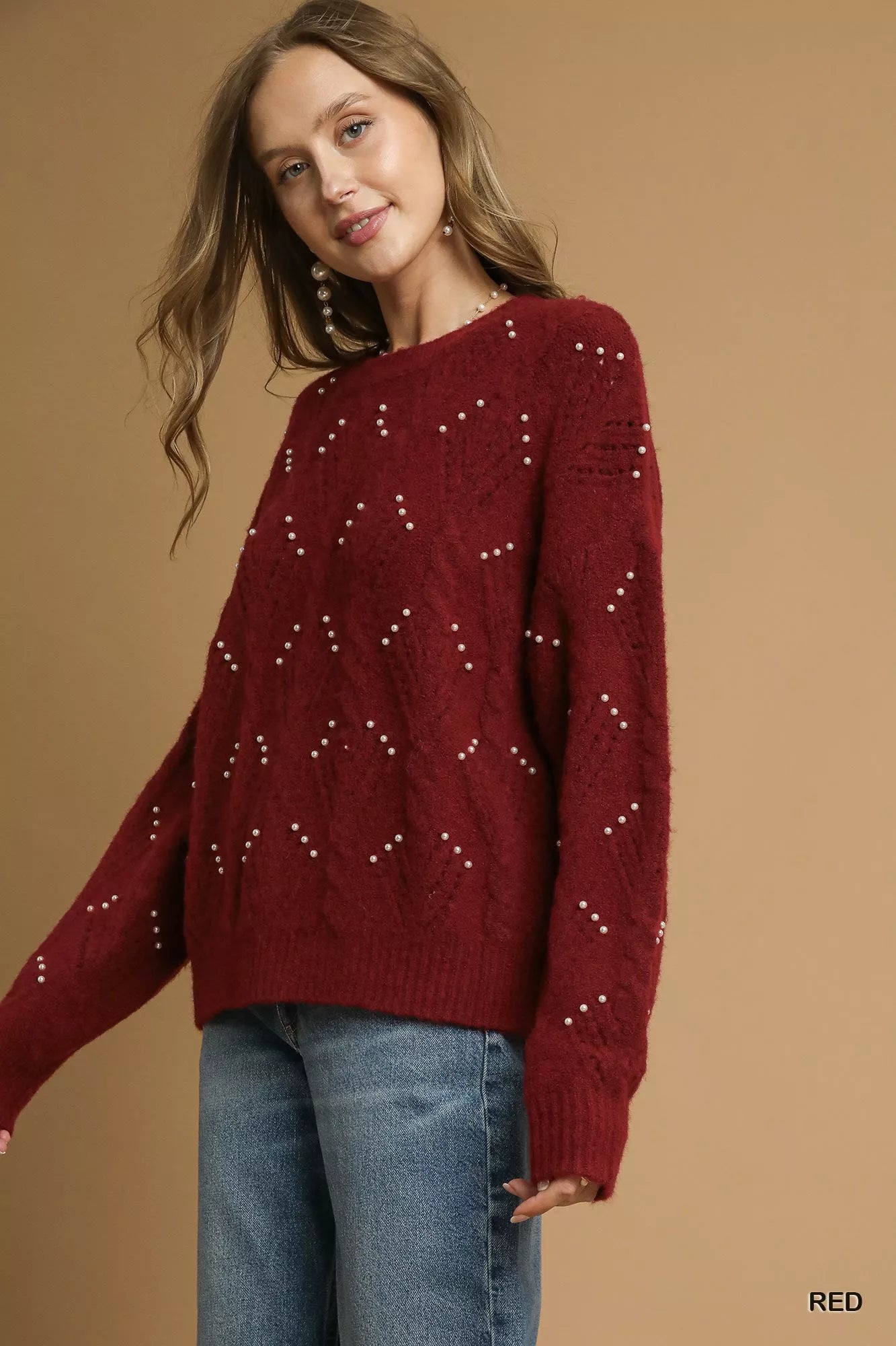 Umgee Red Pearl-Embellished Long Sleeve Sweater