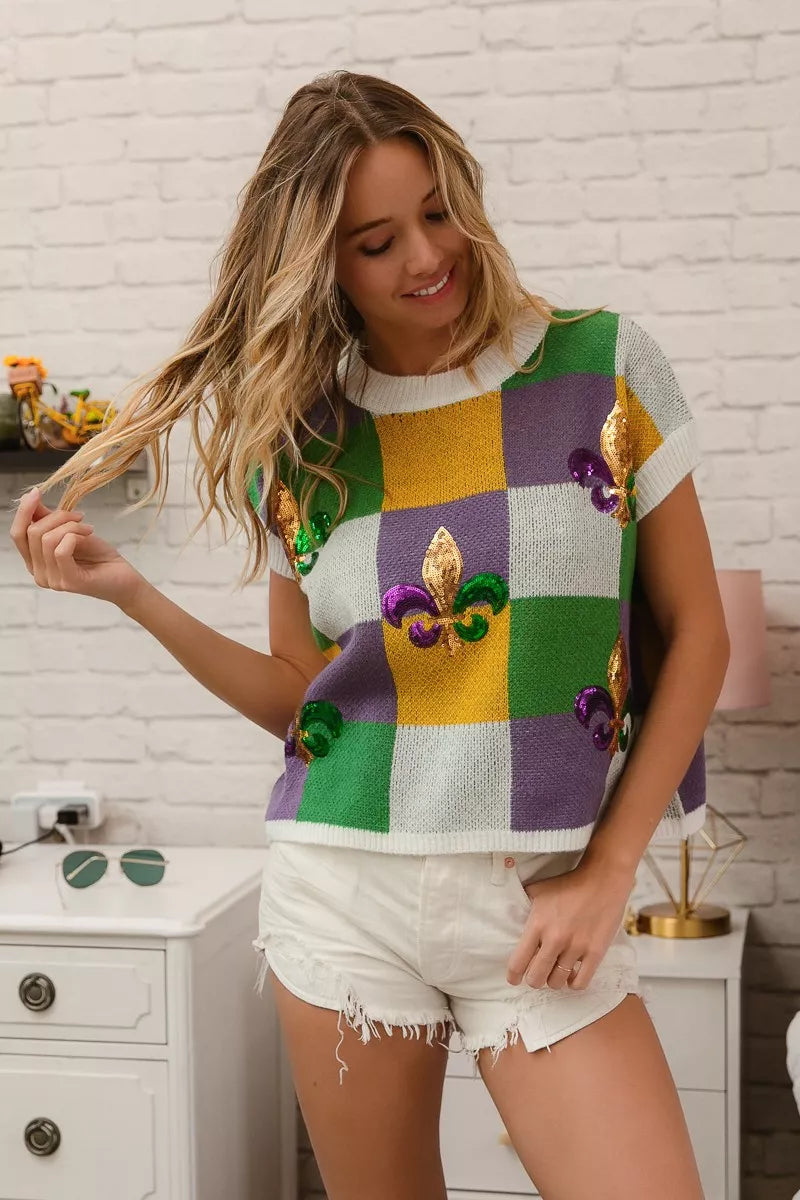 BiBi Sequin Embroidery Mardi Gras Checker Sweater Top