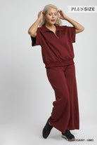 Umgee Mahogany Half-Zip Short Sleeve Top