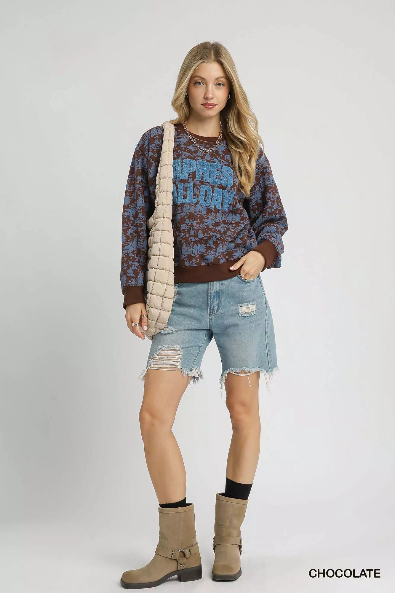 Umgee Chocolate Scenic Print "Après All Day" Cropped Sweatshirt