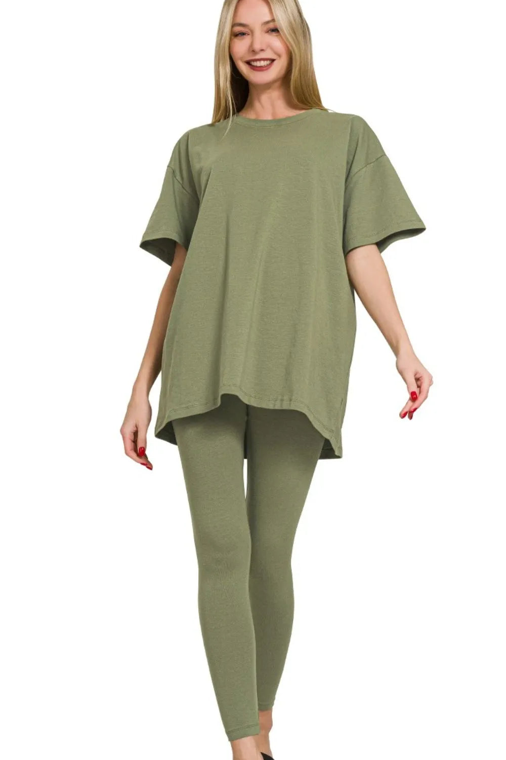 Zenana Light Olive Cotton Round Neck Top & Legging Set LT OLIVE