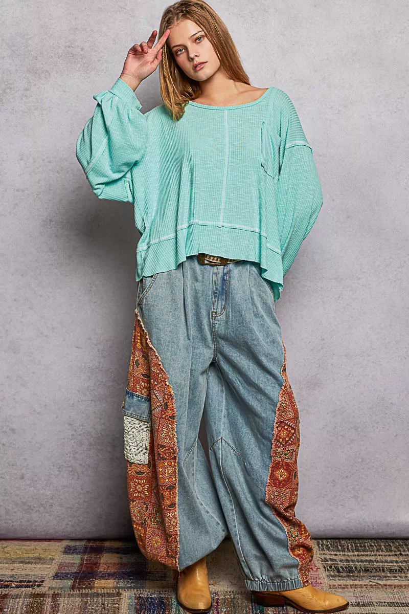 POL Aqua Round Neck Long Sleeve Exposed Seam Top with Chest Pocket