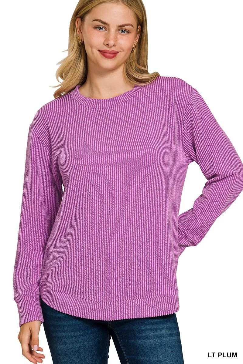 Zenana Light Plum Raised Rib Round Neck Long Sleeve Top LT PLUM