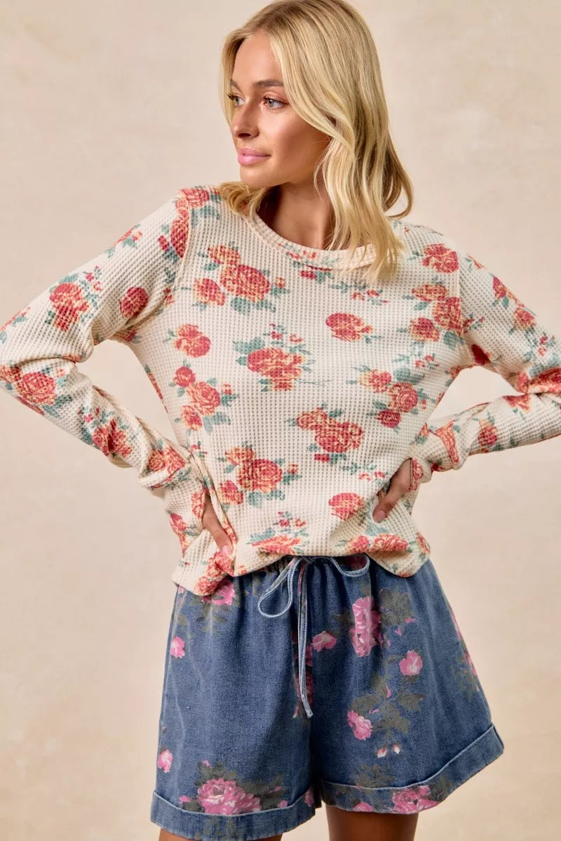 BiBi Oatmeal Floral Print Washed Waffle Thermal Top With Thumb