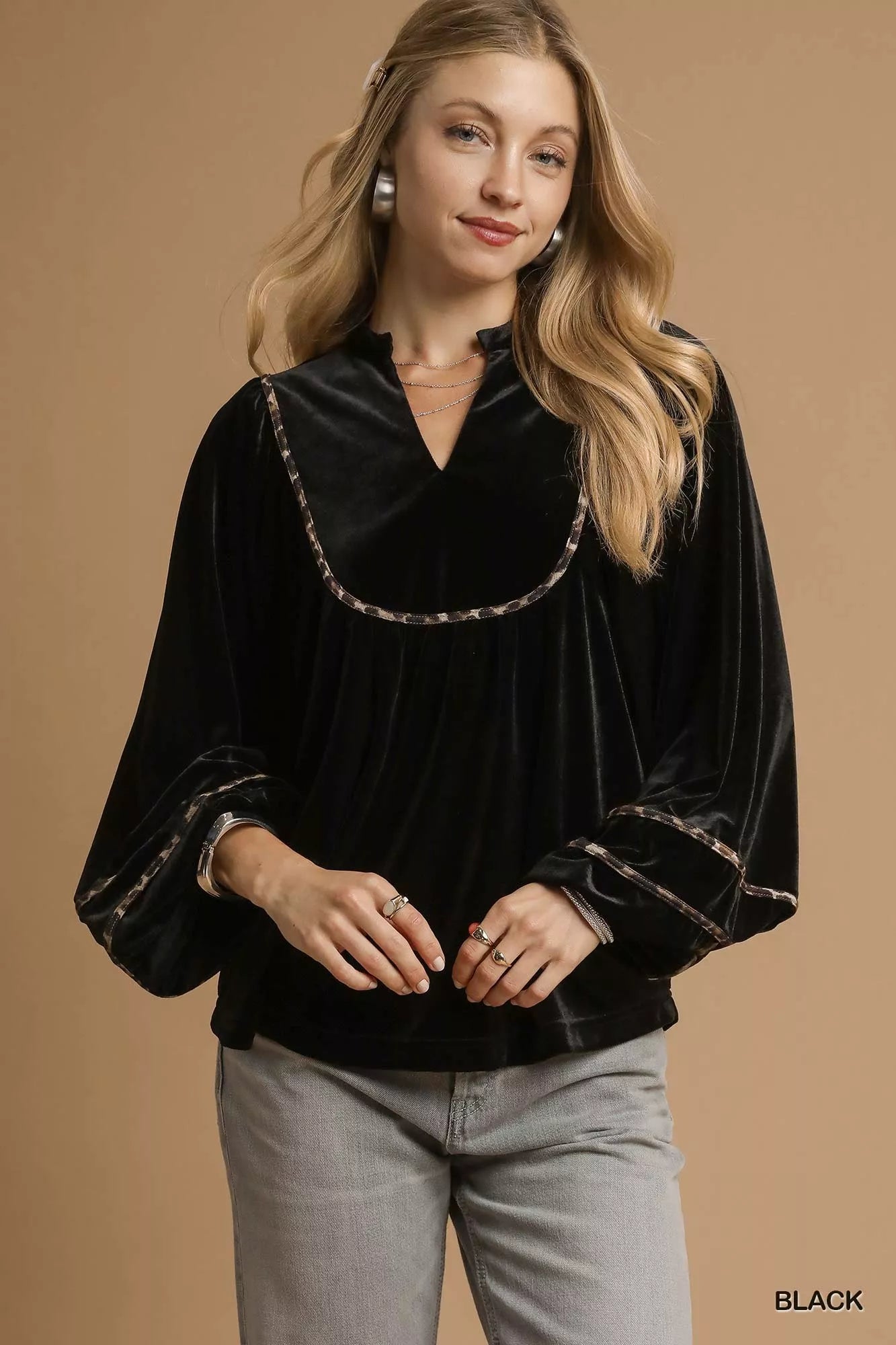 Umgee Black Velvet Long Sleeve Blouse with Leopard Contrast Trim Black