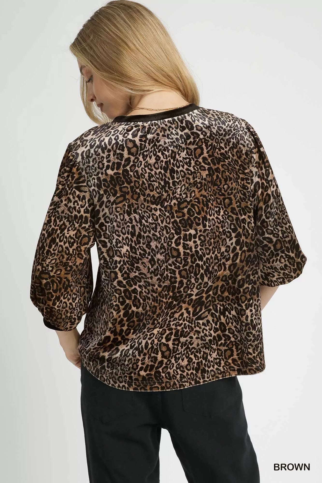 Umgee Brown Leopard Velvet Balloon Sleeve Blouse