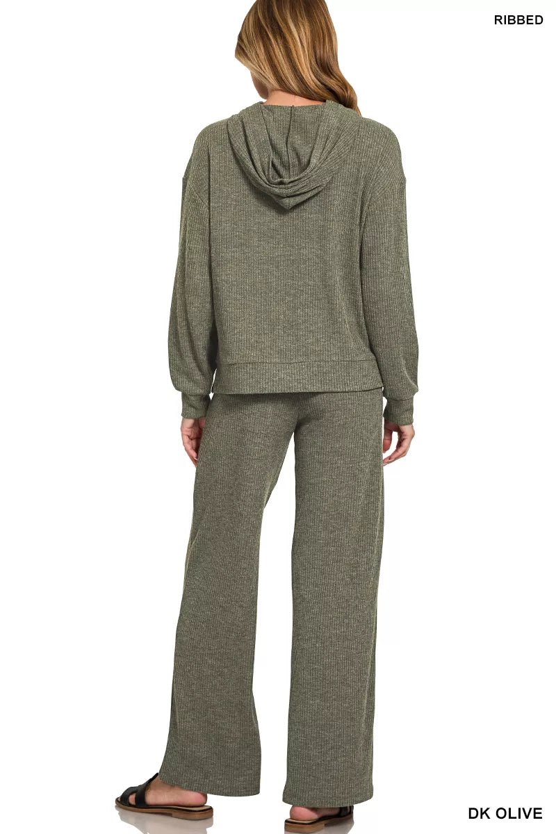 Zenana Dark Olive Ribbed Drawstring Lounge Pants