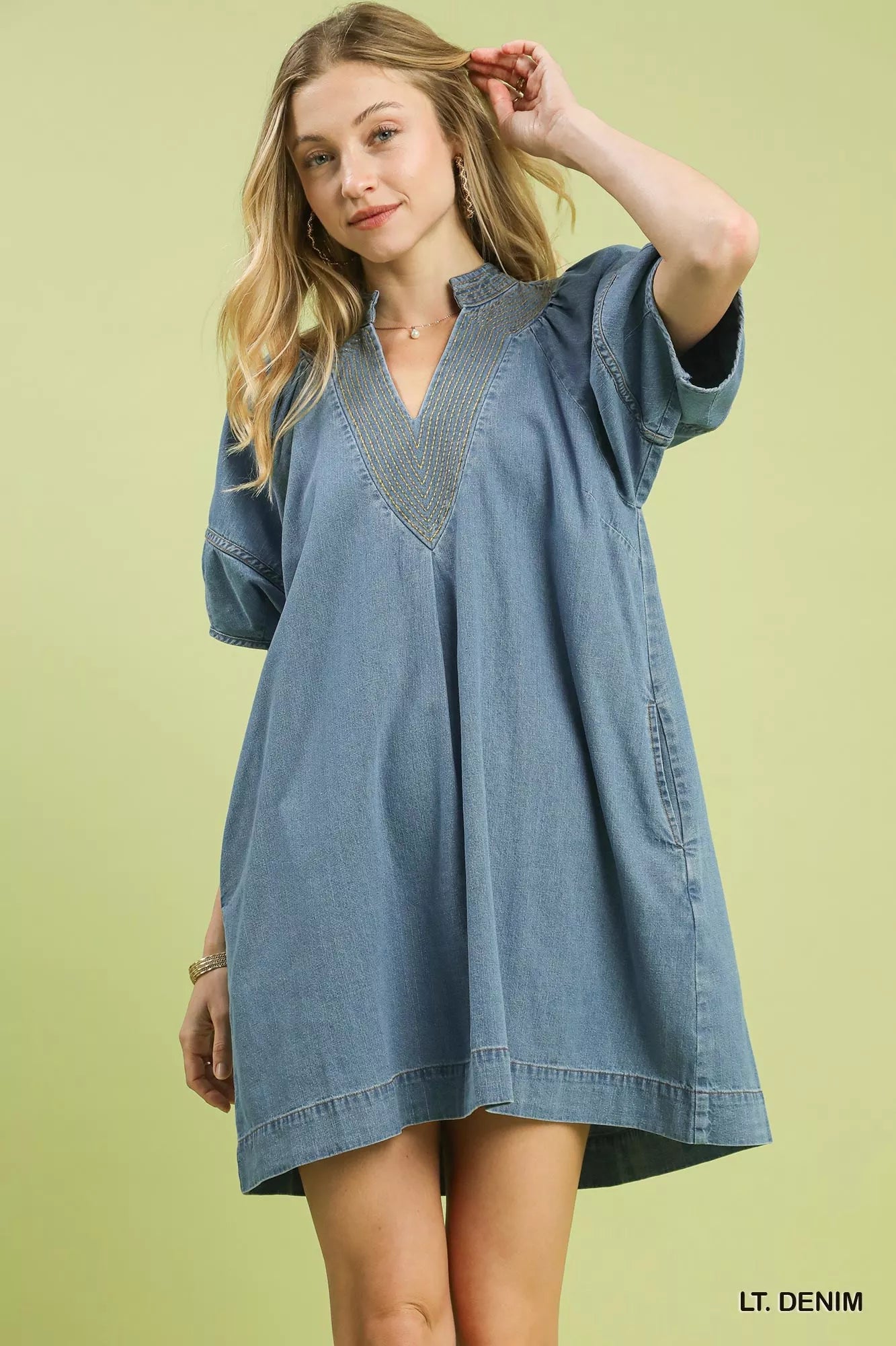 Umgee Denim Mini Dress with Contrast Thread LT. DENIM