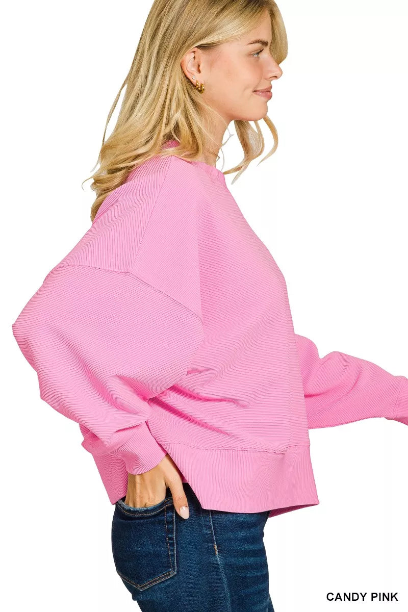 Zenana Candy Pink Ribbed Round Neck Pullover and Shorts Set