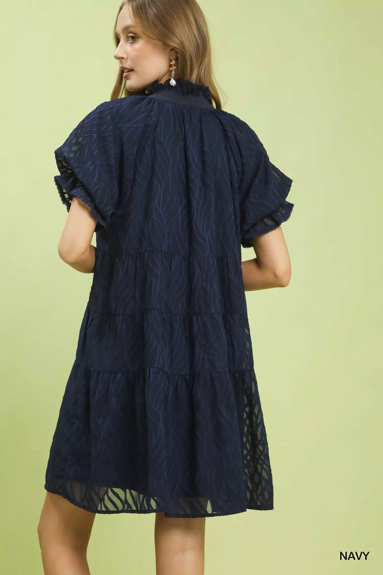 Umgee Navy Textured Tiered Ruffle Collar Mini Dress
