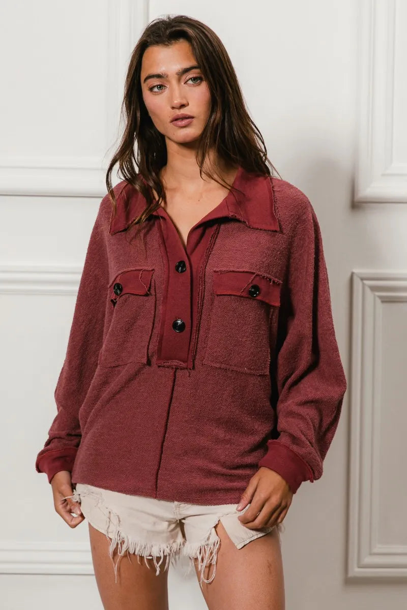 BiBi Marsala French Terry Cut Edge Detail Collared Long Sleeve Top