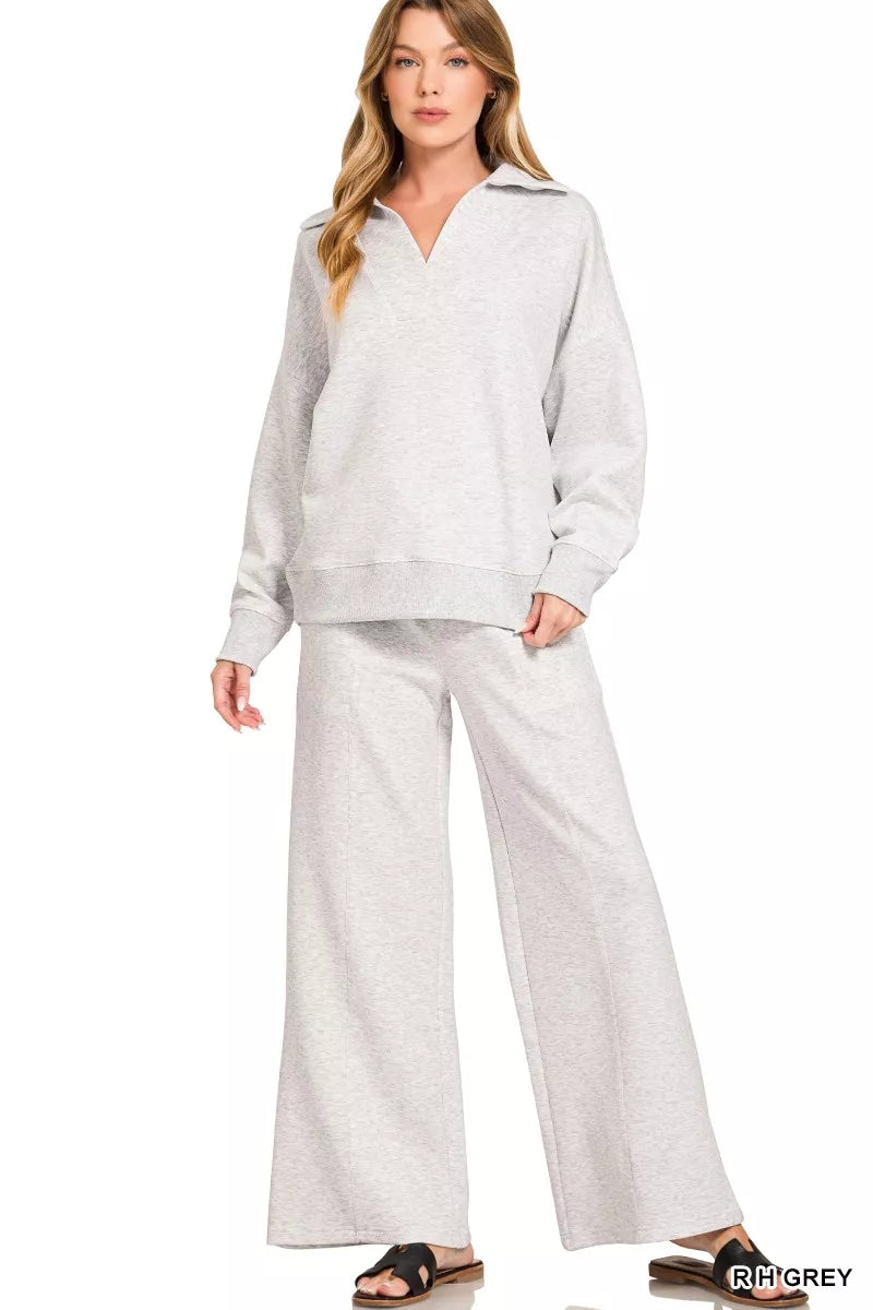 Zenana Heather Grey Scuba Collared Pullover and Pants Set R H GREY