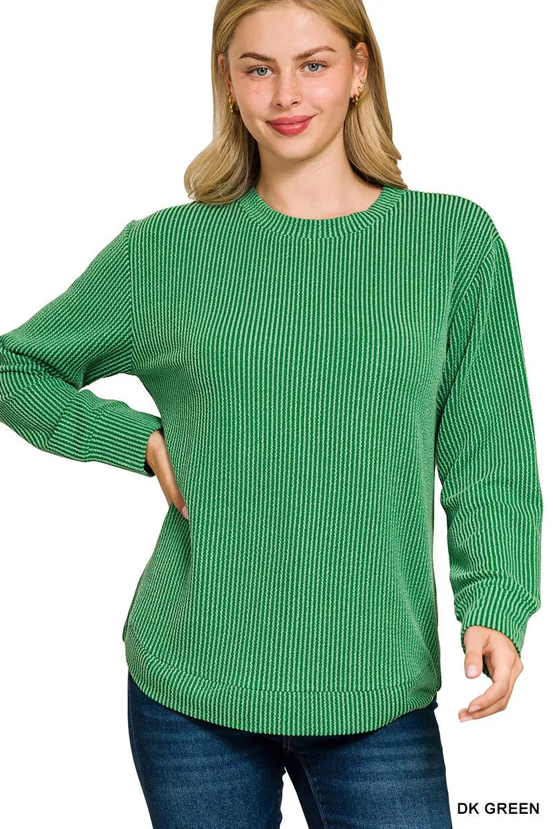 Zenana Dark Green Raised Rib Round Neck Long Sleeve Top DK GREEN