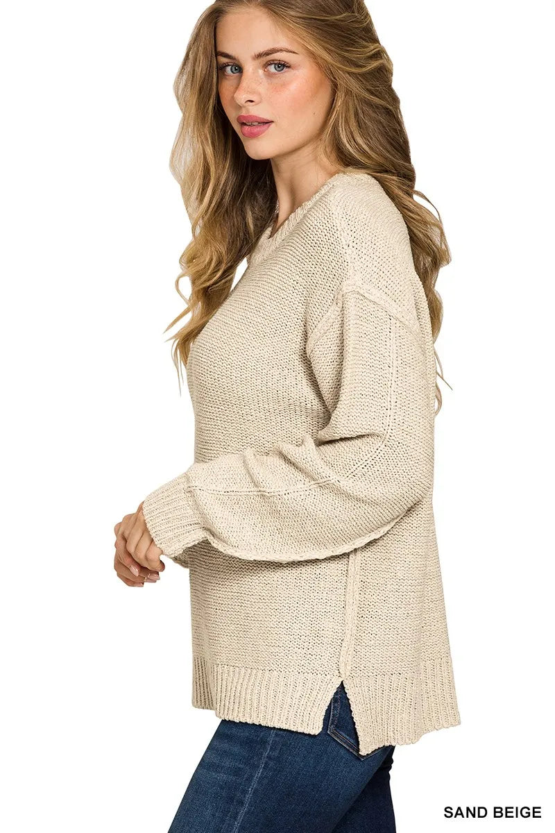 Zenana Sand Beige Exposed Seam Round Neck Sweater