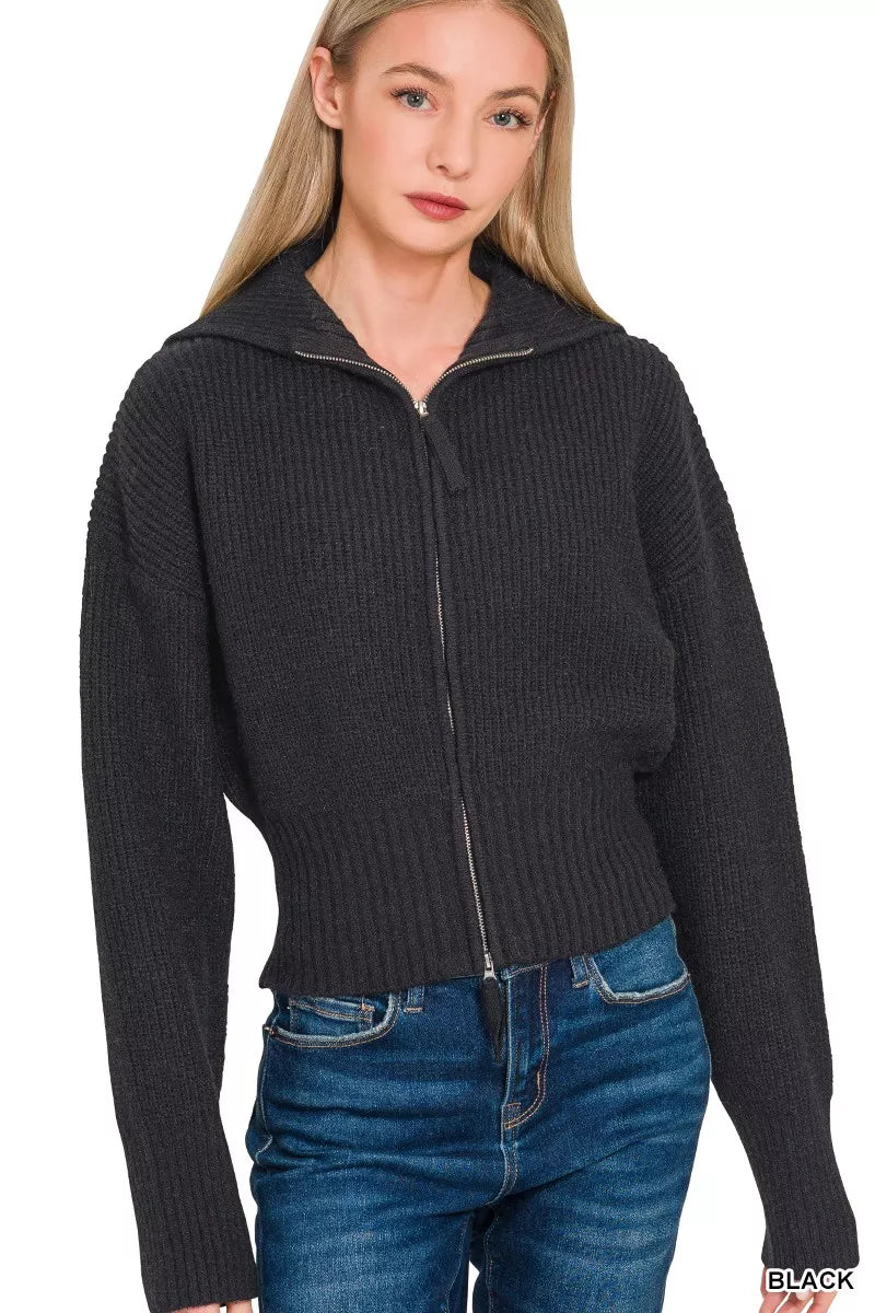 Zenana Black Ribbed Collared Zip Up Sweater Cardigan BLACK