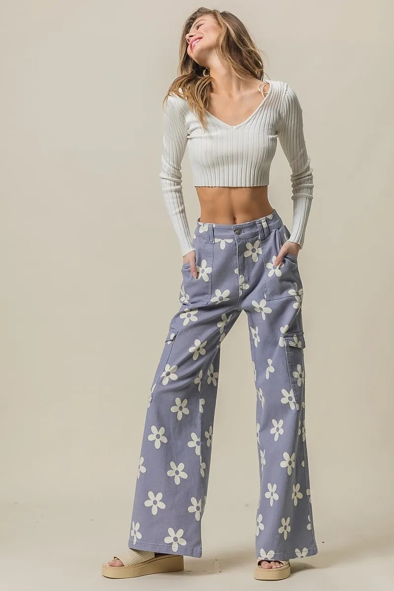 BiBi Dusty Lavender Flower Printed Side Pocket Wide Pants