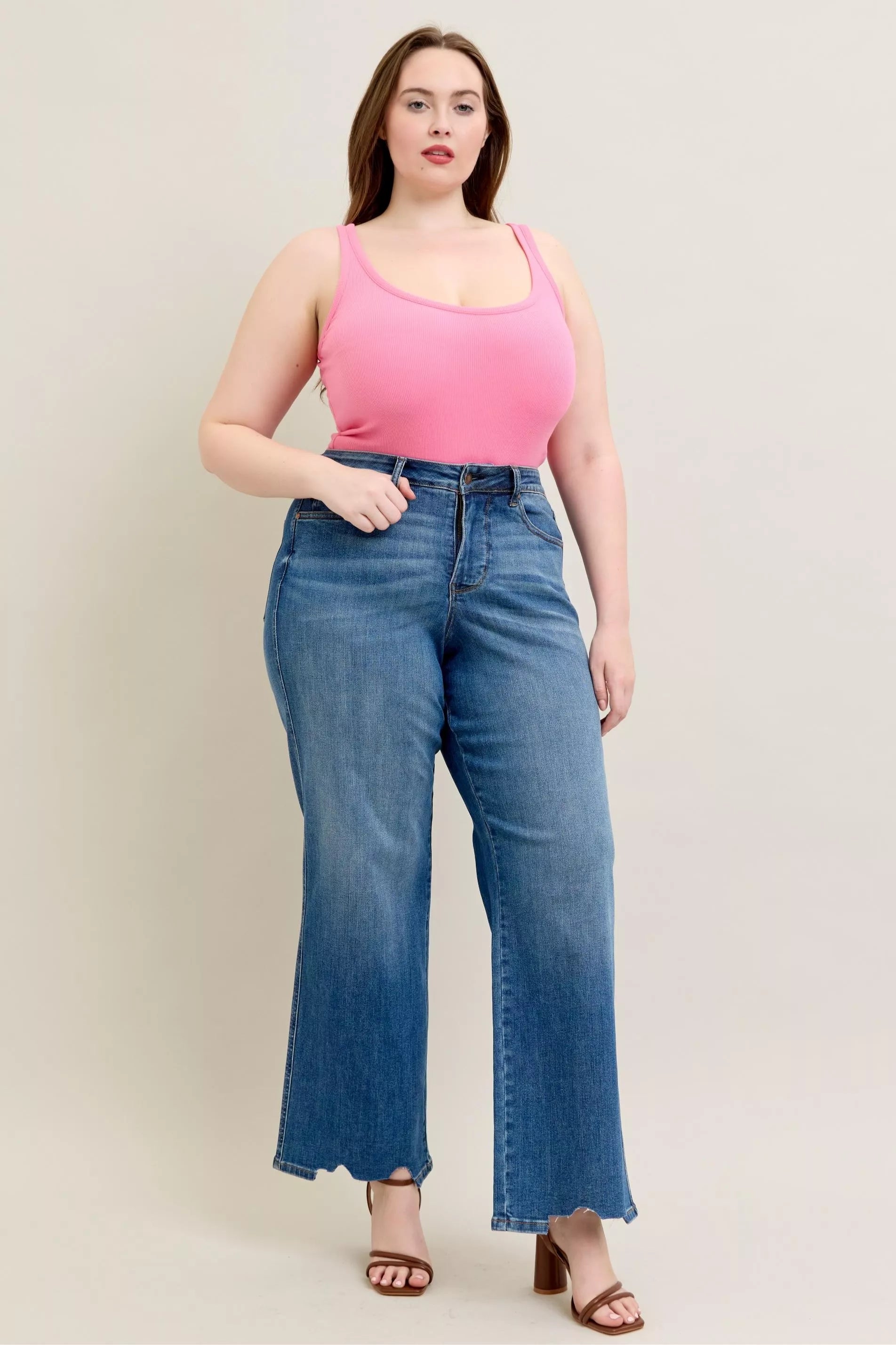 Judy Blue Medium Washed High Waist Tummy Control Chew Hem Destroyed Wide Jeans