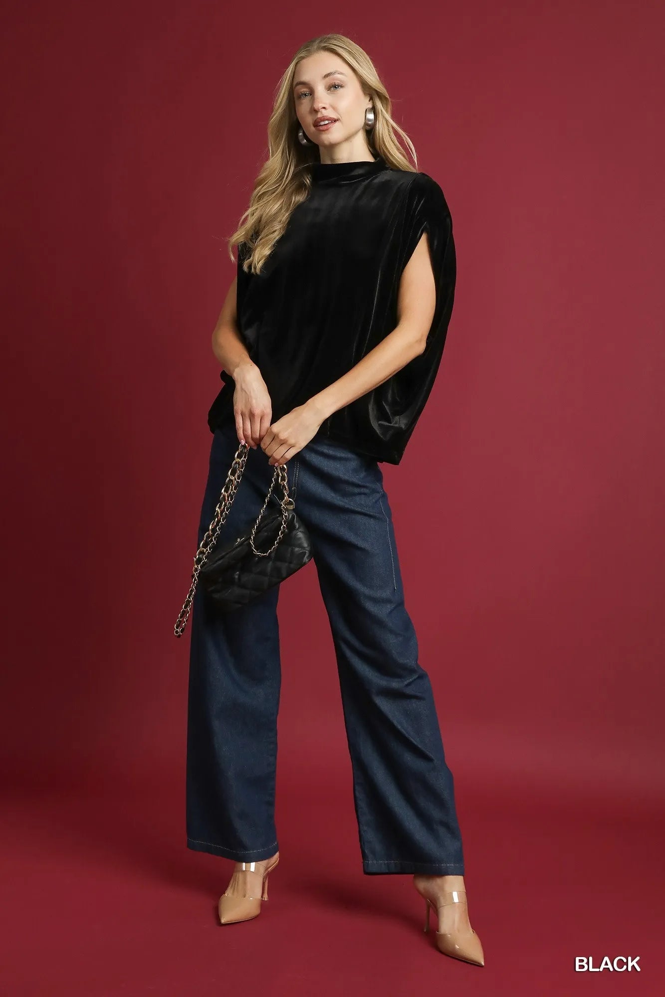 Umgee Black Velvet Mock Neck Sleeveless Blouse